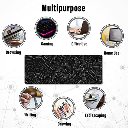 Ovenbird Large Gaming Mouse Pad with Stitched Edges, Topographic Map Topo Mousepad Gaming, Extended XL Large Mousepad with Anti-Slip Base, Cool Mouse Pads for Desk, 31.5 x 11.8 in, Black - color: Black Topo, size: Extended
