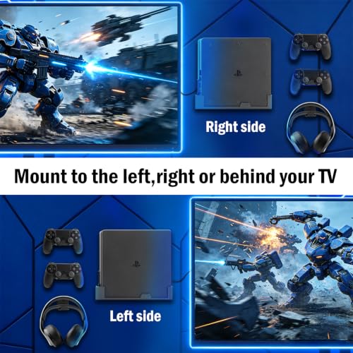 Wall Mount for PS4 Slim with 2 Detachable Controller Holder and 1 Headphone Stand, PS4 Accessories,Compatible with PlayStation 4 Slim(Mounts PS4 Slim by TV)