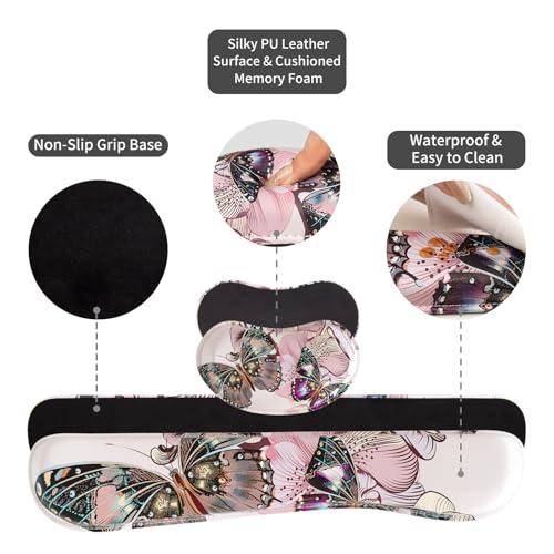 QIYI PU Leather Desk Mat Set, 4-in-1 Ergonomic Wrist Rest, Butterflies | Waterproof Large Mouse Pad 31.5×15.7 + Keyboard Wrist Rest + Mouse Wrist Support+Coaster, Non-Slip Office Gaming Accessories - color: Floral Butterflies