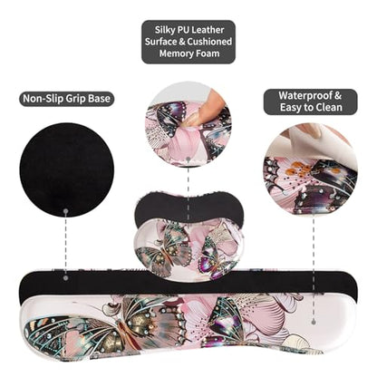 QIYI PU Leather Desk Mat Set, 4-in-1 Ergonomic Wrist Rest, Butterflies | Waterproof Large Mouse Pad 31.5×15.7 + Keyboard Wrist Rest + Mouse Wrist Support+Coaster, Non-Slip Office Gaming Accessories - color: Floral Butterflies