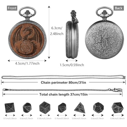 Mini DND Dice Set Wooden Dragon Engraved Pocket Watch Shell Case, 7pcs Polyhedral Metal D&D Dice Set, DND Gifts with Gift Box, Role Playing Board Games Accessories, Silver
