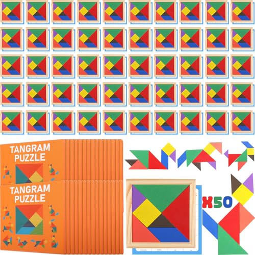 Dunzoom 50 Pack Wooden Tangram Puzzle for Kids, Bulk Party Favors and Classroom Rewards, Stem Learning Jigsaw Games, Educational Brain Teaser Toys, Goodie Stuffers for Ages 4-8 (Vibrant Bright) - color: Vibrant Bright