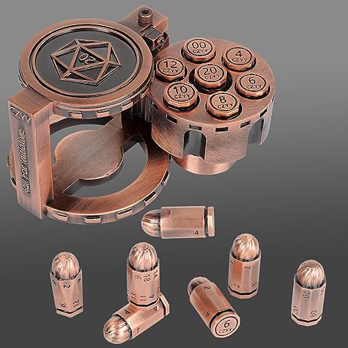 CZYY Metal Polyhedral Bullet Dice Set with Spinning Revolver Cylinder Case | Complete 7-Dice Set, Solid Metal, RPG Fidget Tool, Accessories for DND, Sci-Fi, Western & Tabletop Game Themes, Copper - color: Copper