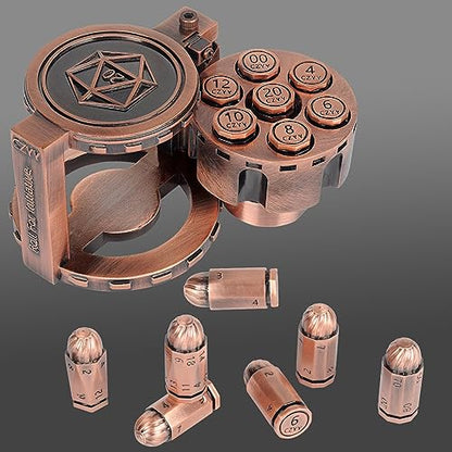 CZYY Metal Polyhedral Bullet Dice Set with Spinning Revolver Cylinder Case | Complete 7-Dice Set, Solid Metal, RPG Fidget Tool, Accessories for DND, Sci-Fi, Western & Tabletop Game Themes, Copper - color: Copper