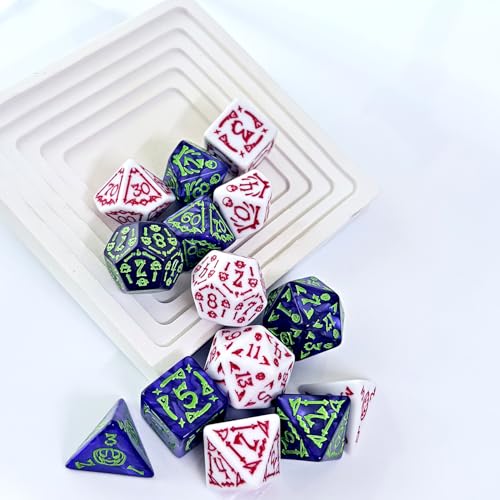 DND Dice 2 X 7Sets, 14Pieces Raised Pattern White Red and Purple Green Mixed Polyhedral DND Dice for RPG MTG Table Game Dice