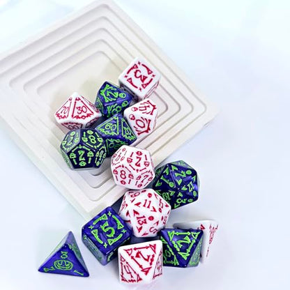 DND Dice 2 X 7Sets, 14Pieces Raised Pattern White Red and Purple Green Mixed Polyhedral DND Dice for RPG MTG Table Game Dice
