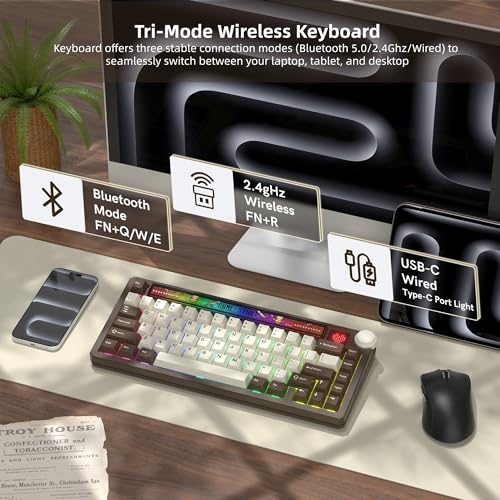 Womier 75% Wireless Mechanical Keyboard with Screen and Knob Keyboard | Retro Creamy Bluetooth Gaming Keyboard Custom Clear Light Box,RGB/Hot Swap/PBT Keycap,VIA Programmable for Mac/PC,K80 Brown - color: Brown-1
