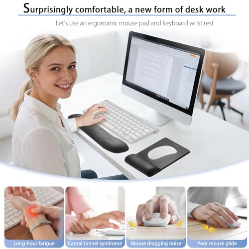 Wide Size Mouse Pad with Wrist Rest & L-Size Keyboard Wrist Rest Set,Premium PU Material,Low-Rebound Cushion,Ergonomic Design,Smooth Mouse Control with Hard Plate,Reduces Fatigue,Black - color: Wide Set_black, style: Wide Size Mouse Pad & L-Size Keyboard