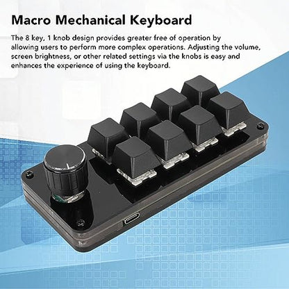 Programmable Macro Keyboard, 8 Key Mini Mechanical Keypad Hot Swappable Blue Switch Acrylic Custom Single Hand Board with 1 Knob, for Gaming PC