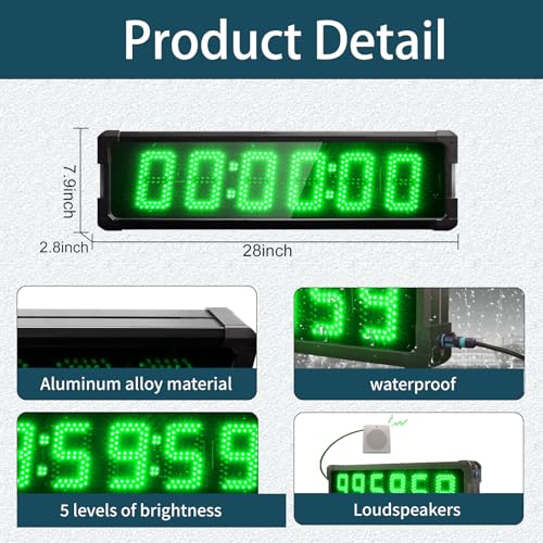 Large LED Display Digital Race Timer with Battery,Function-Countdown/Up/Time Clock, Remote Control, Tripod Stand and Adjustable Brightness for Sports Events, Races, Meetings, (Green) - style: waterproof+green