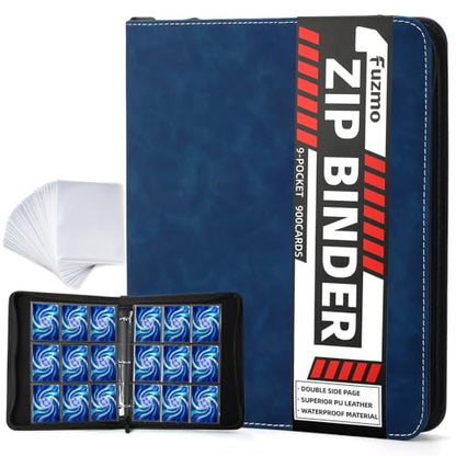 9 Pocket Trading Card Binder, 900 Cards Zip Album, Blue | 50 Pcs Double Sided Sleeves, 3 Rings, Card Organizer for Baseball, Football, Basketball, Sports, Game Cards - color: Blue