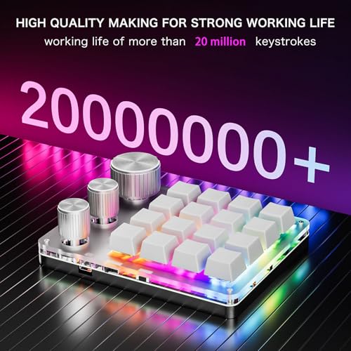 Programmable Macro Keyboard, 16 Keys 3 Knob Mini Mechanical Gaming Keypad Multifunctional Macropad with USB Wired Bluetooth Mode Volume Controller (White) - color: White