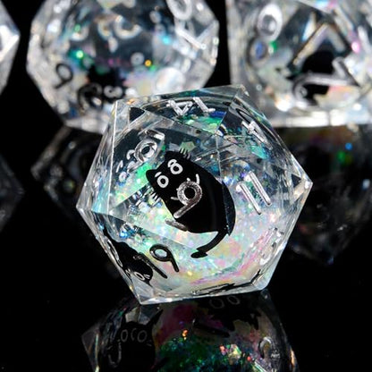 Polyhedral Dice Set D&D Sharp Edge Dice Resin Iridecent Mylar Galaxy for RPG Role Playing Compatible with DND Gift (White Quicksand + Black Cat) - color: White Quicksand Black Cat