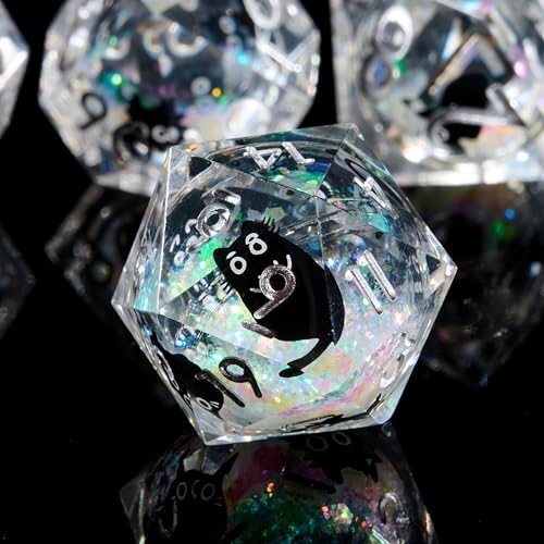 Polyhedral Dice Set D&D Sharp Edge Dice Resin Iridecent Mylar Galaxy for RPG Role Playing Compatible with DND Gift (White Quicksand + Black Cat) - color: White Quicksand Black Cat