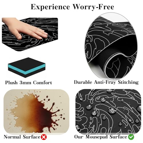 Gaming Mouse Pad L (31.5x11.8in) - Black Abstract Line Art Waves, Dark Japanese Doodle Design - Desk Mat for Gamers - color: Black Ink Waves, size: 11.8x31.5''