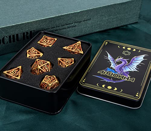 ARUOHHA Hollow DND Metal Dice Set Golden Red Dragons D and D Dice, RPG Role Playing Games Dungeons Polyhedral Dice with Gift Box D20 D12 D10 D8 D6 D4 - color: Golden Red