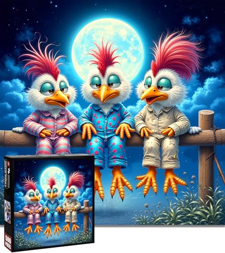 Chicken Puzzles for Adults 500 Pieces, 18.1"x18.1" | Funny Colorful Chickens Jigsaw Puzzle, Chicken Under the Moon Art Puzzle, Storage Bag, Whimsical Wall Decor, Funny Gift - color: Moon Chicken