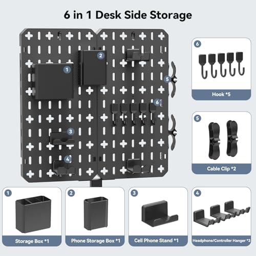 KDD 7 in 1 Clamp-on Desk Pegboard - No Drill Desk Side Storage with Phone Stand/Pen Holder/Storage Box/Headset & Controller Holder/Hooks, Detachable Gaming Pegboard for Office & Home Desktop Organizer