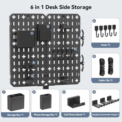 KDD 7 in 1 Clamp-on Desk Pegboard - No Drill Desk Side Storage with Phone Stand/Pen Holder/Storage Box/Headset & Controller Holder/Hooks, Detachable Gaming Pegboard for Office & Home Desktop Organizer