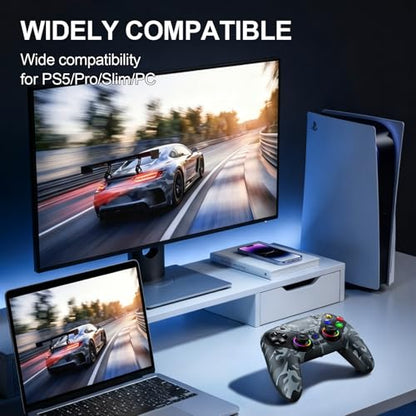 Xexvyrin LED Wireless Controller for PS5, Compatible with PS5 Pro/Slim/PC, Dual Vibration, Macro/Turbo Function, 3.5mm Audio Jack,1000mAh Battery, 6-Axis Motion Control Gamepad with Speaker - color: grey
