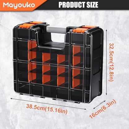 Mayouko Double Side Tool Box with Transparent Lid, 8 Movable Small Trays & Removable Dividers, Multi-Function Small Parts Organizer, for Hardware, Screws, Bricks, Nails, Jewelry and Fishing Tackle - size: 15.16"L x 12.8"W x 6.3"H