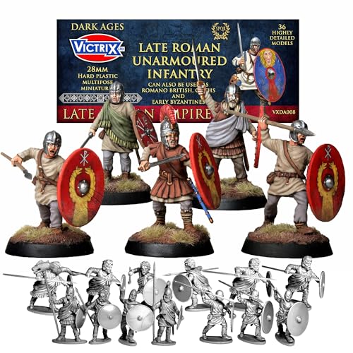 Wargames Delivered - Victrix Late Roman Unarmoured Infantry 28mm Miniature Wargaming with Bonus Miniature STL Download - 36 Plastic Figures with 38 Head Options – Build Arthurians, Byzantines & Goths