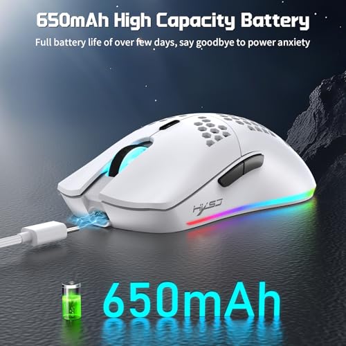FREEWOLF X HXSJ T66 Wireless Gaming Mouse Tri-Mode Superlight Honeycomb Design PAW3212 3600DPI Sensor 1000Hz Polling Rate Bluetooth/2.4Ghz/Wired Ergonomic PC Mice RGB Light Programmable Buttons-White - color: white