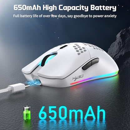 FREEWOLF X HXSJ T66 Wireless Gaming Mouse Tri-Mode Superlight Honeycomb Design PAW3212 3600DPI Sensor 1000Hz Polling Rate Bluetooth/2.4Ghz/Wired Ergonomic PC Mice RGB Light Programmable Buttons-White - color: white
