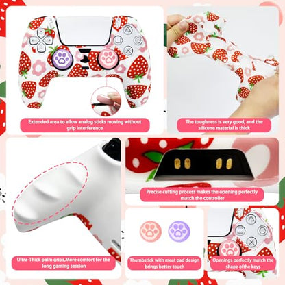 Strawberry Silicone Cover for PS5 Controller - Anti-Slip Protective Skin Grip with 2 Thumb Caps | Cute Pink Kawaii Gaming Accessory (Soft Touch, Washable) - color: Pink Strawberry
