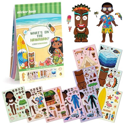 Summer Stickers for Kids, Make a Face Hawaiian Tiki Party Decorations, Water Bottle Stickers for Toddler Crafts, Tropical Luau Party Favors and Goodie Bag Stuffers (10 Sheets + 1 Scene Card) - style: Hawaii