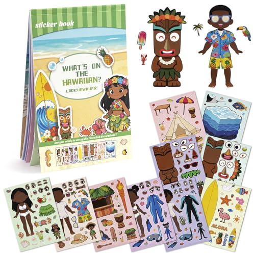 Summer Stickers for Kids, Make a Face Hawaiian Tiki Party Decorations, Water Bottle Stickers for Toddler Crafts, Tropical Luau Party Favors and Goodie Bag Stuffers (10 Sheets + 1 Scene Card) - style: Hawaii