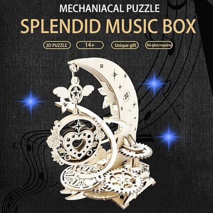Wooden 3D Puzzle for Adults Mechanical Music Box Model Kits Wood DIY Crafts Kit Jigsaw Puzzle for Age 14+ Years Old - style: moon