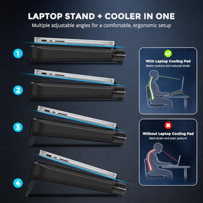 Laptop Cooling Pad, Quiet Turbo Fan Laptop Cooler for 12-19 Inch Gaming Laptop and MacBook, Height Adjustable Laptop Cooling Stand with RGB Light, Sealed Airflow Cooler Pad, USB Powered