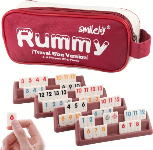 Smilejoy Mini Rummy Cube 4 Players Edition,Travel Rummy Game Set with Portable Canvas Bag,Classic Board Game for Adults and Kids |106 Tiles | 4 Playing Racks |1 Dice | (2-4 Player) - style: Mini Size (2-4 player)