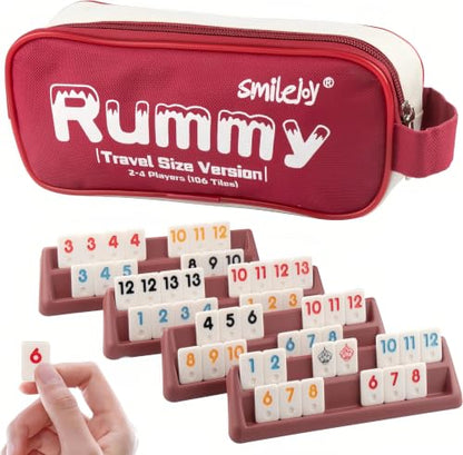 Smilejoy Mini Rummy Cube 4 Players Edition,Travel Rummy Game Set with Portable Canvas Bag,Classic Board Game for Adults and Kids |106 Tiles | 4 Playing Racks |1 Dice | (2-4 Player) - style: Mini Size (2-4 player)