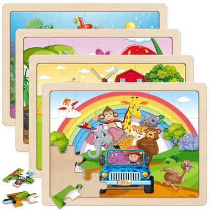 SYNARRY Large Animals Wooden Puzzles for Kids 4 in 1 Gift Box(12.2 * 9.4 in), Jigsaw Puzzles for Toddlers 3-5, Puzzles for Kids Ages 4-6, Easter Basket Stuffers Gifts Toys for Kids - style: Animals