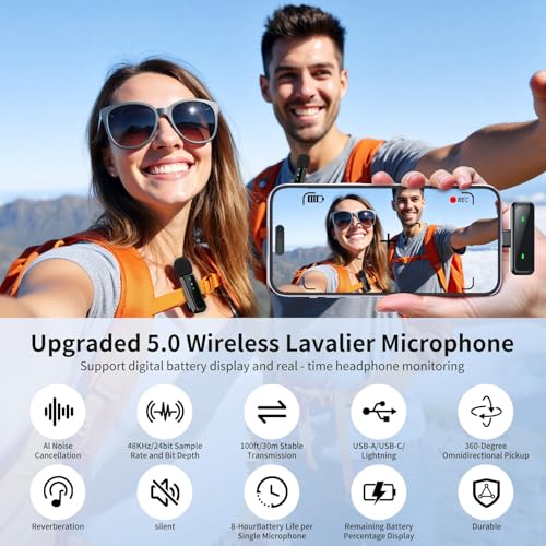 Microphone for iPhone & Android, Wireless Mini Microphone | Battery Display, Clear Voice, Noise Cancelling, Lavalier Mic for TikTok, YouTube & Interviews, Dual Mic - style: USB-C+Lightning+USB-A