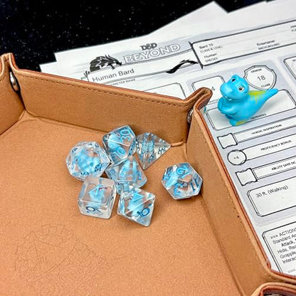 Sage's Portal Animal Familiars Resin DND Dice Set Polyhedral Dice Set for Dungeons and Dragons RPG Pathfinder Tabletop TTRPG (Blue T-Rex + Figurine) - color: Blue T-rex + Mini Figure, style: Dice Set +Mini Figure