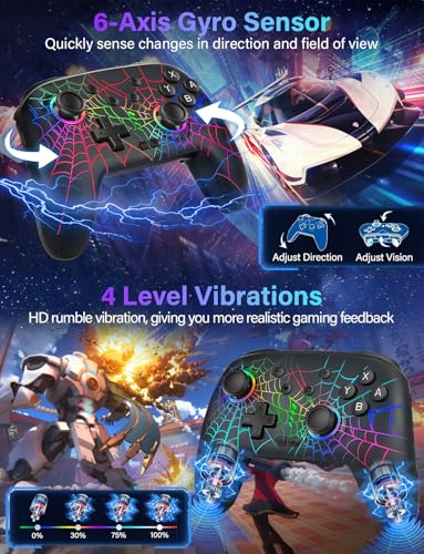 RJAD Switch Controllers for Nintendo Switch/OLED/Lite, Wireless Switch Pro Controller with 10 Colors Light, 1000mAh Rechargeable Switch Turbo Control with Vibration, 6-Axis Gyro, Turbo, Wake Up