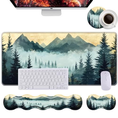 Keyboard Wrist Rest+Mouse Wrist Pad+Desk Pad Set,Memory Foam Ergonomic Easy Typing Pain Relief for Computer Laptop Office Home - Mountain Stream - color: Mountain Stream