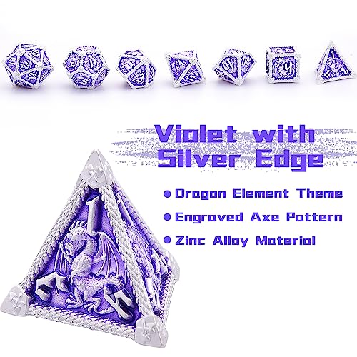 AUSTOR 7-Die Metal DND Dice Set Dungeons and Dragons Polyhedral Roll Playing Dice with Box D20 D12 D10 D% D8 D6 D4 for Pathfinder MTG RPG Board Games - color: Violet With Silver Edge