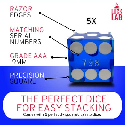 Luck Lab Black Leather Dice Stacking Cup with 5 Serialized Razor Edge 19 mm Casino Dice - Pro Straight Cup for Stacking and Magic Tricks (Blue Dice) - color: Blue Dice