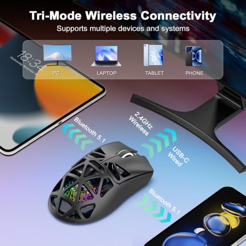 G11 Lightweight Wireless Gaming Mouse for FPS & Competitive Gaming, Tri-Mode Bluetooth 5.1/2.4GHz/USB-C, 22000 DPI RGB Mouse with Programmable Buttons for PC, Laptop & Mac (Black) - color: Black