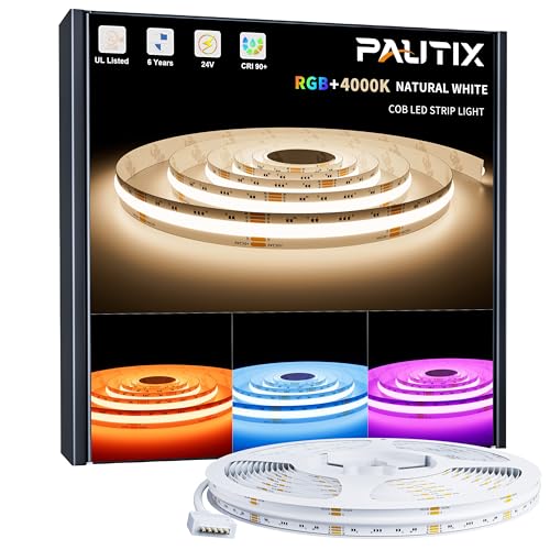 PAUTIX RGBW 4000K COB LED Strip Light 24ft/7.5m,UL Listed 24V Color Changing Tape Lights with 896LEDs/m Multicolor Flexible for TV,Bedroom,Party DIY Decoration(Power Supply & Controller Not Included) - color: RGB+4000K, size: 24 ft