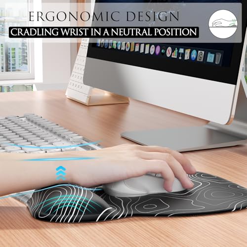 MROCO Ergonomic Mouse Pad Gel Wrist Rest, 9.4 x 8.1 in, Black Topographic | Ergonomic Shape Design, Multiple Pattern Options, Gel Wrist Comfort, Smooth Lycra Surface, Non-Slip PU Base - color: Black Topographic