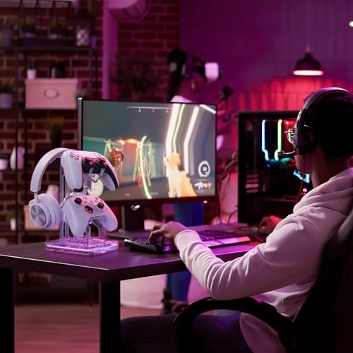 Luckit Gaming Headphones Stand, RGB Headset Stand with 2 USB Charging Ports, Dual Controller Holder with Light Modes, Earphone Hanger Accessories for Desktop Gamer