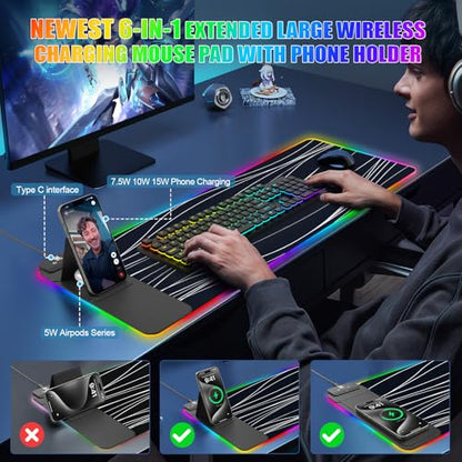 RGB Mouse Pad with Foldable Phone Stand Wireless Charger, 31.5"x11.8" XL Gaming Mousepad Large Desk Mat, Desk Pad with 11 Colors 5 Modes, Waterproof - color: Black Touch Control Stand XL Line