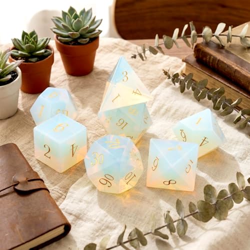 Haxtec Opal Dice Gemstone Polyhedral DND Dice Set with Premium Dice Case Compatible with Dungeons and Dragons Role Playing Board Games D&D Gift - color: White Gold-opal