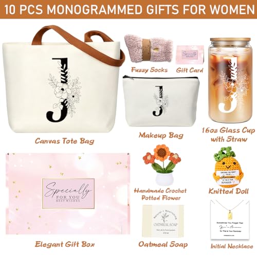 DHQH Birthday Gifts for Women, Monogrammed Gifts Box Included 16 oz Initial Glass Drinking Cup,Canvas Tote Bag, Personalized Iced Coffee Tumbler Gift for Women Her Mom Teacher Friends Sister, J - color: letter-cup-j