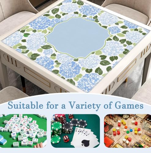 Blue and White Hydrangea Mahjong Mat 31.5x31.5 Inch | Blue Floral Non-Slip And Noise Reduction Mah Jong Table Mat Cover For Mahjong Lovers, Poker, Board Games And Dominoes. - color: Blue Hydrangea